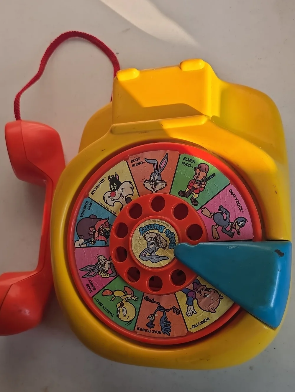 Mattel Yellow Rotary Toy Phone with Red Handle and Blue Dial Pointer